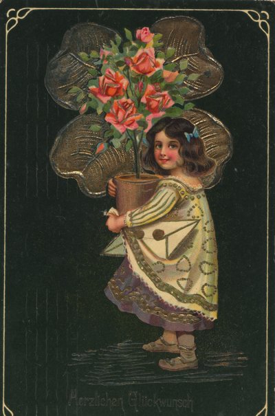 Historische wenskaart met een kind en een grote potplant, roos door Unknown artist