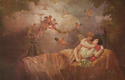 Historische wenskaart met engelen die geluk brengen aan een vrouw, kitscherig-romantisch door Unknown artist