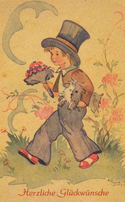 Historische ansichtkaart met een jongen met een boeket bloemen en een kleine hond, wenskaart door Unknown artist