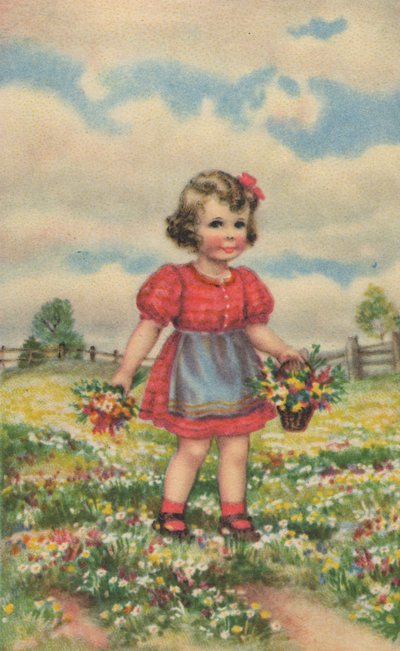 Historische ansichtkaart met een gelukkig meisje op de weide, wenskaart door Unknown artist