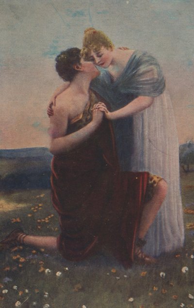 Historische wenskaart met historisch motief, vrouw en krijger uit de Middeleeuwen door Unknown artist
