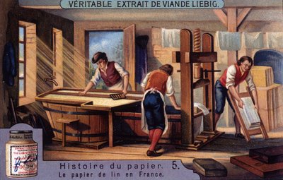 Geschiedenis van Papier. 5. Linnenpapier in Frankrijk. Liebig chromolithografie door Unknown artist