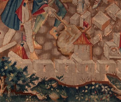 Geschiedenis van Sint Piat en Sint Eleuthère, Scene 5 Detail linksonder. Stadsmuren en struiken door Unknown artist