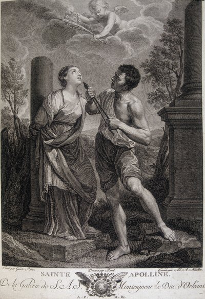 Heilige Appoline tijdens de vervolgingen krijgt haar tanden gebroken omdat ze weigerde eer te bewijzen aan de Romeinse goden. Gravure uit de 17e eeuw. door Unknown artist