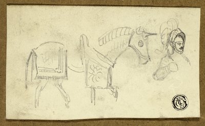 Paard en man in harnas door Unknown artist
