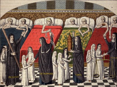 Ziekenhuiskamer in het Hotel Dieu in Parijs. Goede zusters worden aangeduid met de naam van deugden: voorzichtigheid, matigheid, kracht en rechtvaardigheid. Gravure naar een miniatuur uit de 15e eeuw. door Unknown artist