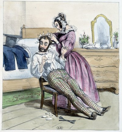 Humoristische tekening over de ontrouw van een dandy met de brief van zijn verloofde - tekening door Unknown artist