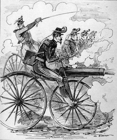 Humoristische gravure: Velocipedomania toegepast op machinegeweren - 19e eeuw door Unknown artist