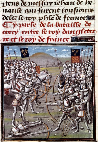 Honderdjarige Oorlog: de Slag bij Crecy op 26/08/1346 tussen de Fransen en de Engelsen. Miniatuur uit de Kronieken van Jean Froissart (1337-1400) door Unknown artist