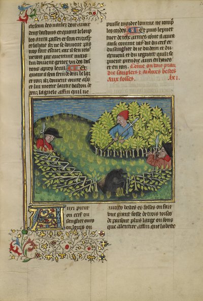 Jagers drijven een wild zwijn in een kuil door Unknown artist
