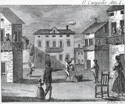 Il Campiello Act I - Carlo Goldoni (1707-1793) - Gravure uit de 18e eeuw door Unknown artist