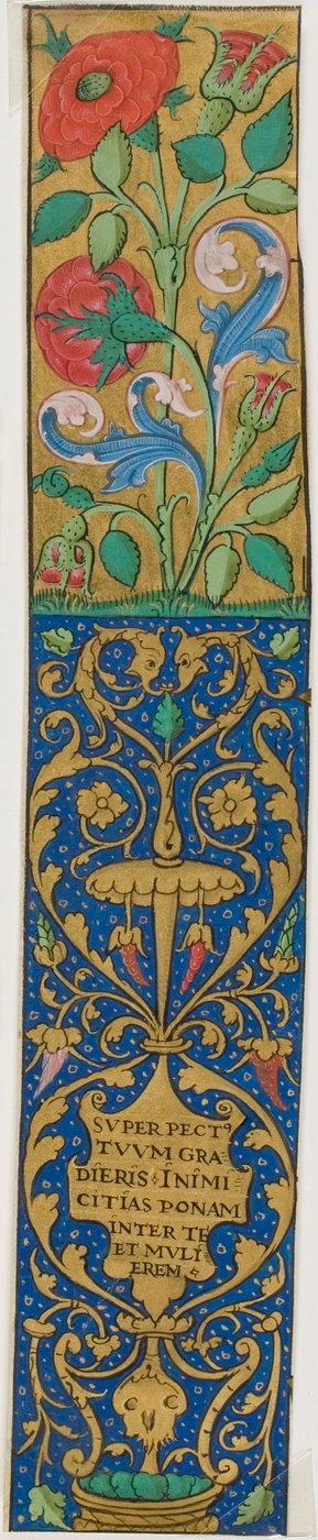 Verluchte rand met bloemen en grotesken uit een manuscript door Unknown artist