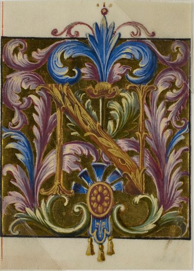 Verlichte initiaal "N" met acanthusbladeren uit een koorboek door Unknown artist