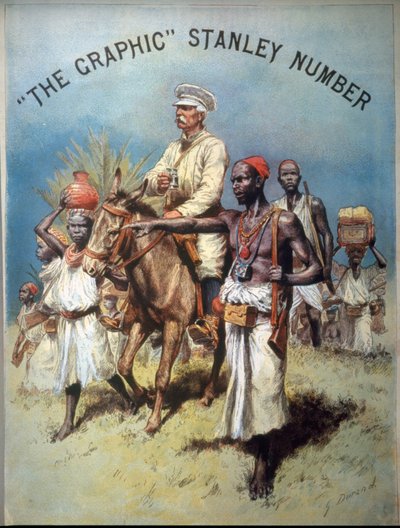 Illustratie die ontdekkingsreiziger en journalist Henry Morton Stanley (1841-1904) tijdens een van zijn expedities afbeeldt. Chromolithografie door Unknown artist