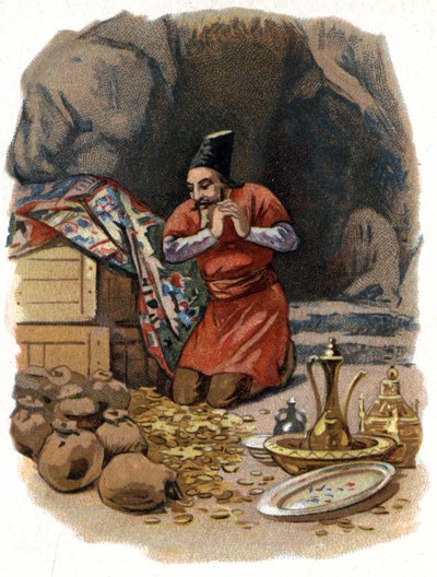 Illustratie voor de Verhalen van Duizend-en-een-nacht. Ali Baba betreedt de rots en zegt: Sesam open u en ziet goudvaten. door Unknown artist
