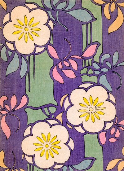 Illustratie van bloemen op een lavendel en groene achtergrond door Unknown artist