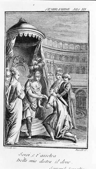 Illustratie van Sémiramis, opera door Antonio Salieri (1750 - 1825). Libretto door Pierre Metastase (of Pietro Metastasio). Act III, laatste scène. door Unknown artist