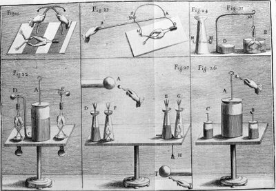 Illustratie van experimenten door Luigi Galvani, Italiaanse natuurkundige en arts (1737 - 1798) die de doorgang van elektrische stroom uitlegt door de benen van een kikker te bewegen. door Unknown artist