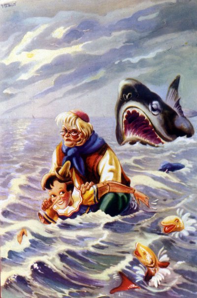 Illustratie van het Pinokkio-verhaal door Carlo Collodi: Pinokkio en Gepetto worden achtervolgd door een enorme vis door Unknown artist