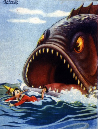 Illustratie van het verhaal Pinocchio door Carlo Collodi. Een enorme vis staat op het punt Pinocchio op te eten. door Unknown artist