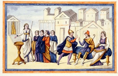 In Troje smeken vrouwen Athena terwijl Hector afscheid neemt van zijn vrouw Andromache. L