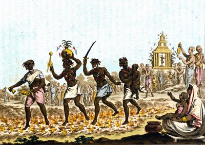 India. Fakirs lopen op gloeiende kolen (19e-eeuwse gravure) door Unknown artist
