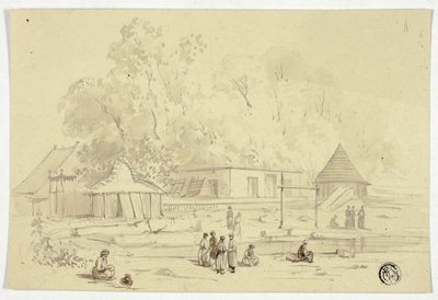 Indiaans dorp aan rivier door Unknown artist