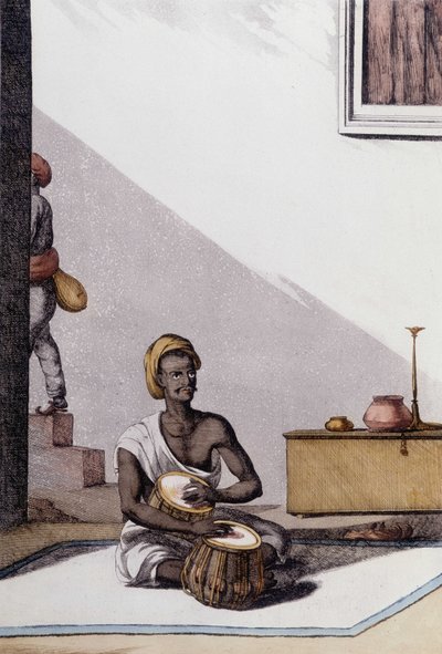 Indiase cultuur en beschaving: muzikant die tablas speelt, traditioneel muziekinstrument, India. Gravure 1808 door Unknown artist