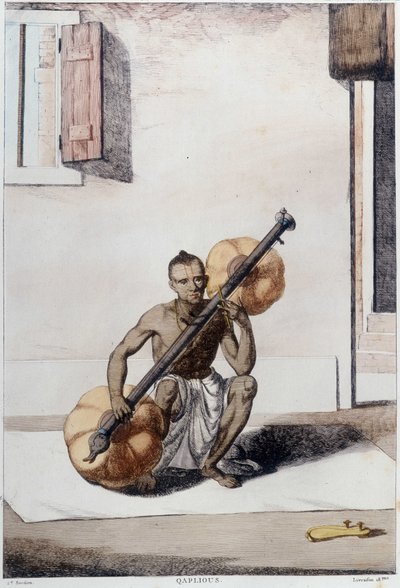 Indiase cultuur, beschaving en samenleving: muzikant met traditioneel Indiaas snaarinstrument. Gravure uit 1808. door Unknown artist