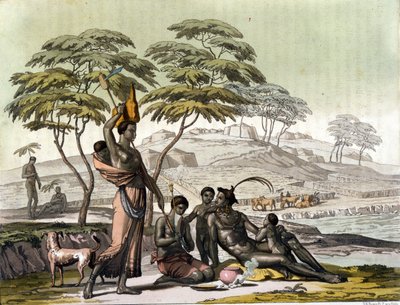 Indiaan uit Botswana (Bechuanaland). Gravure uit 