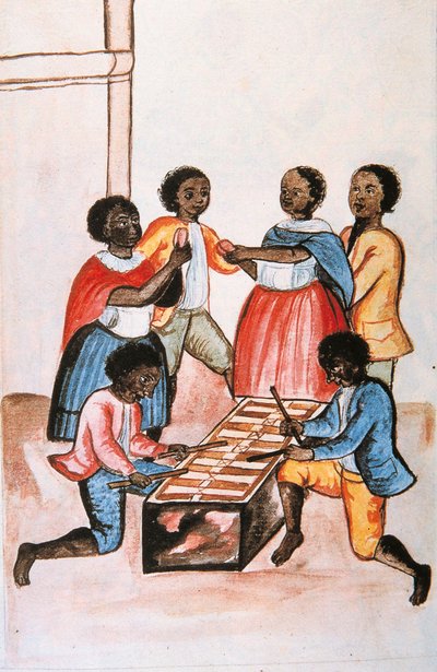 Indianen spelen marimba en dansen, uit het boek "Trujillo del Peru" of "Códice Martínez Compañón", door Baltazar Martinez Compañón y Bujanda, bisschop van Trujillo door Unknown artist