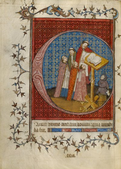 Begin C: Geestelijken zingen uit een koorboek door Unknown artist