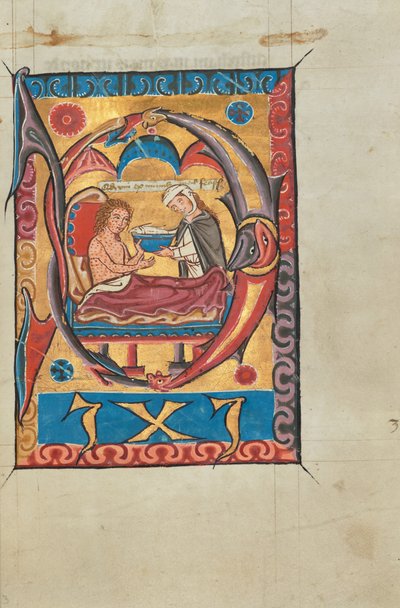 Beginletter D: Een vrouw voedt een zieke in bed door Unknown artist