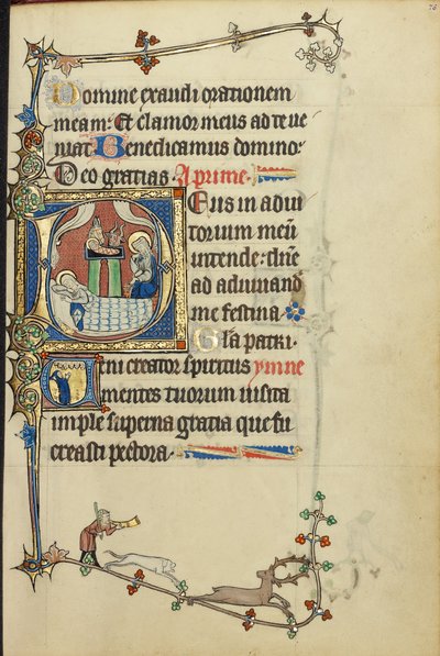 Beginletter D: De Geboorte; initiaal V: Een biddende monnik door Unknown artist