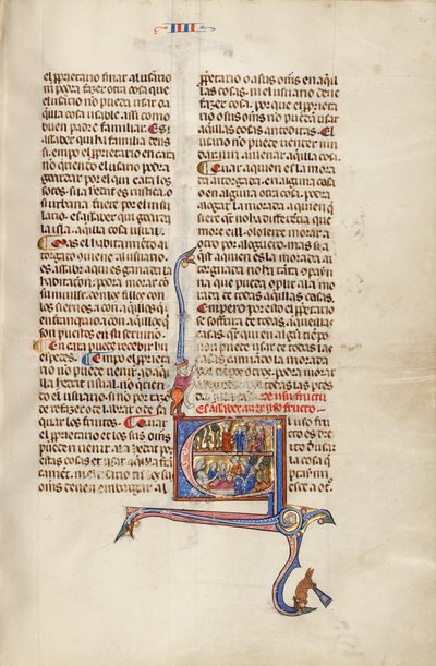 Initial E: Een man met kinderen voor een rechter en een oude man in zijn ziekbed die een andere man dicteert door Unknown artist