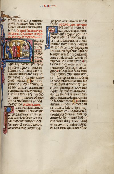 Initial N: Twee mannen voor een rechter terwijl een derde man een molen bouwt door Unknown artist