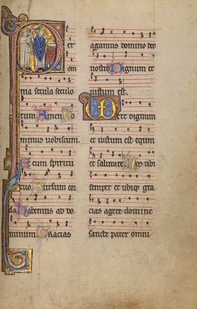 Beginletter P: Een priester en een bediende voor een altaar door Unknown artist