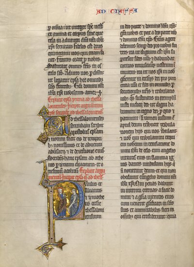Beginletter P: Sint Paulus en een priester door Unknown artist