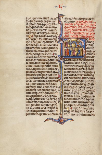 Initial R: Twee mannen bij de verkoop van een paard en vier mannen voor een rechter door Unknown artist