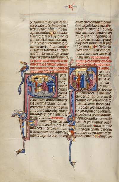 Beginletter S: Twee mannen die elkaar de hand schudden na een verkoop van schapen; initiaal Q: drie mannen voor een rechter die wijzen naar een man met een knuppel en een man die aan een aambeeld werkt. door Unknown artist