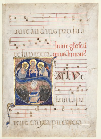 Initiaal S[alve sancta parens] met de Maagd aanbeden door engelen, en zingende Benedictijnse monniken: Enkele bladzijde uit een graduale door Unknown artist