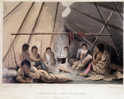 Interieur van een tent van indianen van Amerika - in "Narrative of a journey to the shores of the Polar sea in the years 1819-1821", door John Franklin, ed. Londen door Unknown artist