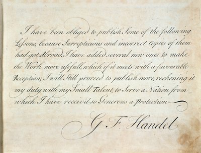 Inleidingspagina waar de componist de redenen geeft waarom hij publiceerde, uit Suite van instrumentale stukken door G F Handel door Unknown artist
