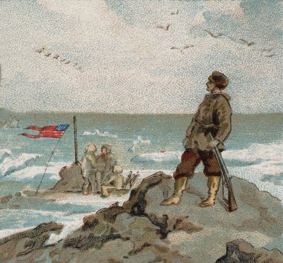 Isaac Israel Hayes (1832-1881) met de Amerikaanse vlag aan de kust van de poolzee. Chromo uit het einde van de 19e eeuw. door Unknown artist