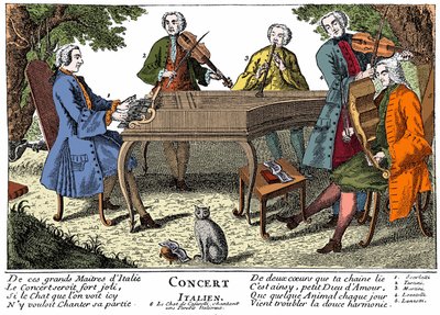 Italiaans concert (barokmuziek) met 1. Scarlatti (klavecimbel) - 2. Giuseppe Tartini (viool) - 3. Padre Martini (fluit) - 4. Locatelli (viool) - 5. Lanzetti (altviool) - 6. Zingende kat. Gravure uit de 18e eeuw door Unknown artist