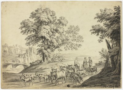 Italianiserend landschap met man en twee vrouwen die vee, geiten en schapen drijven door Unknown artist
