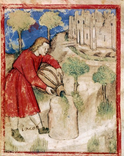 Jacob goot olie op de steen die hem als kussen had gediend Miniatuur uit codex 212 (of padovano codice of Bijbel van Padua) 1390-1400 Rovigo, Accademia dei Concordi door Unknown artist