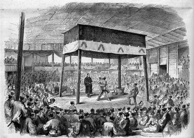 Japanse worstelaar vecht Sumo in Osaka, Japan. Naar een tekening van C. Wirgman. Gravure in 