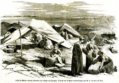 Joden uit Marokko die hun toevlucht zoeken in Algesiras in Spanje in het midden van de 19e eeuw (gravure) door Unknown artist