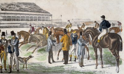 Jockeys en hun paarden voor de race - gravure, ca. 1850 door Unknown artist